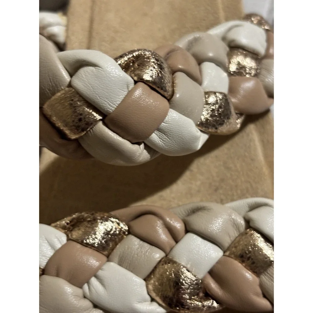 Easy Street Womens Braided Double Strap Slide Sandals Gold Beige Cream Size 7.5M